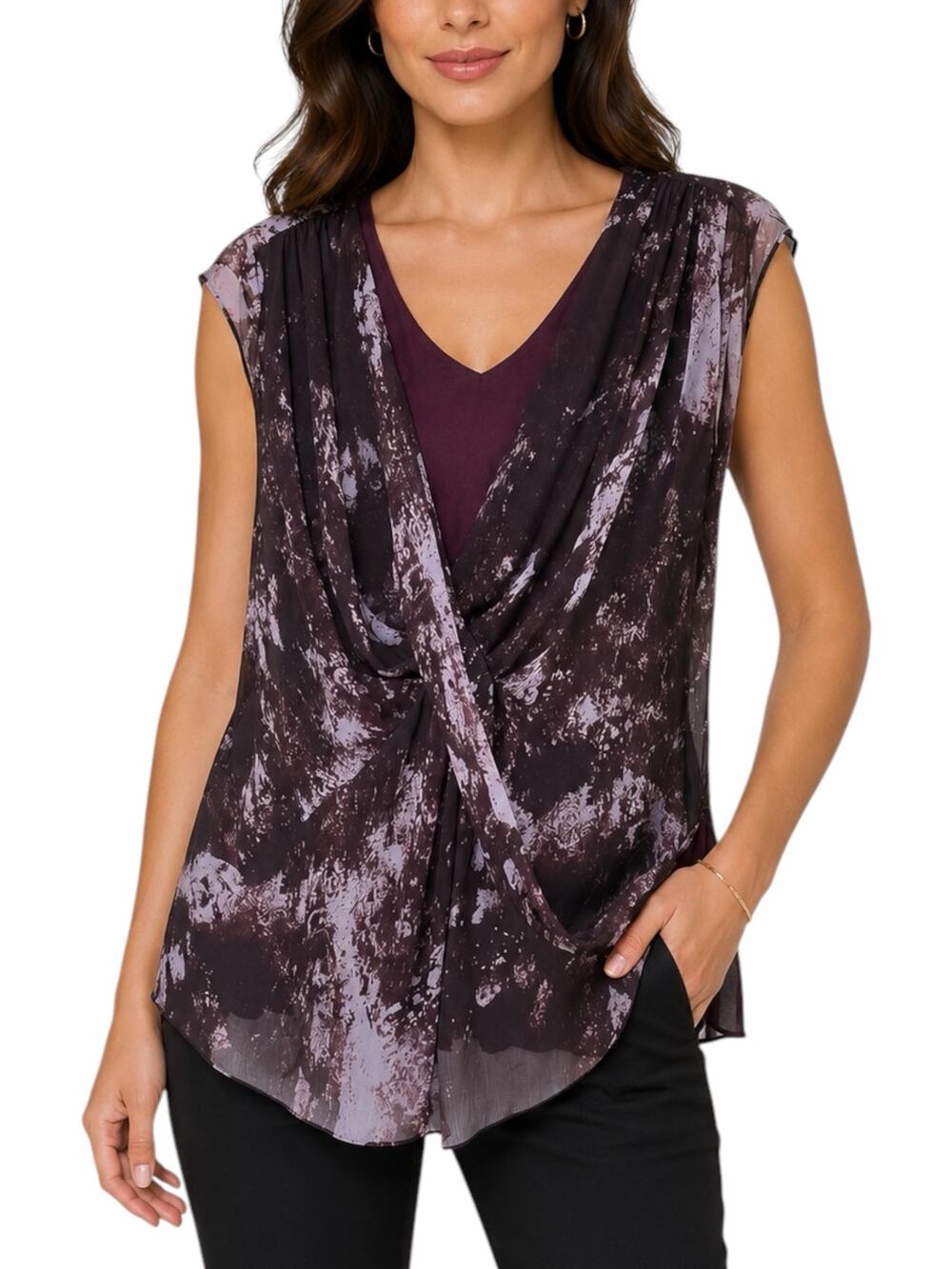 H by Halston Sleeveless Printed Chiffon Drapey Top Burgundy Size 28W
